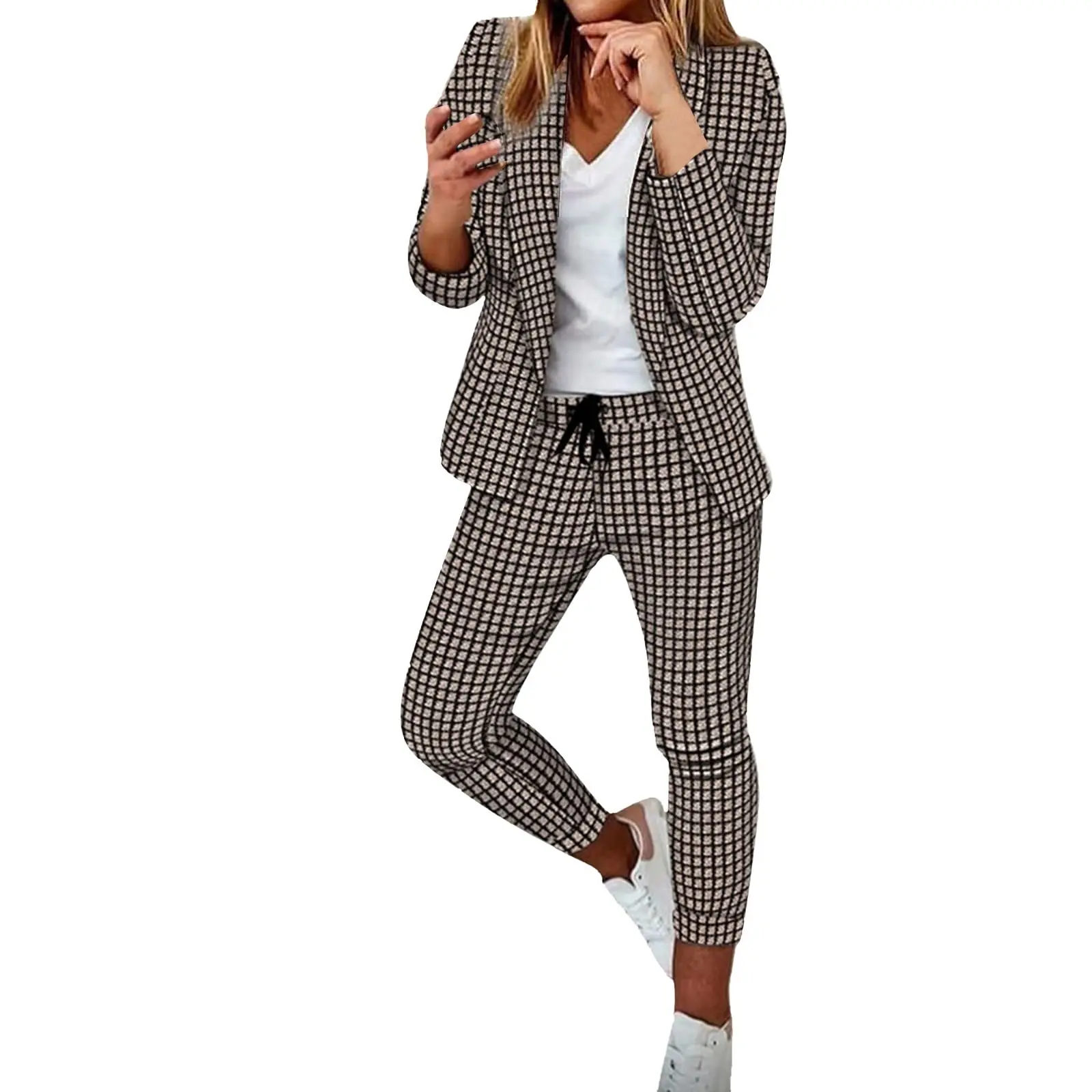 Spring and Autumn 2024 New Geometry Series Casual Loose Trendy Spot Women's Long sleeved Pants Suit SetWL008+MR7