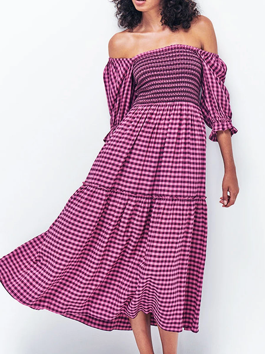 

Women’s Casual Tiered Dress Puff Sleeve Square Neck Plaid Print A-Line Dress Long Flowy Dress