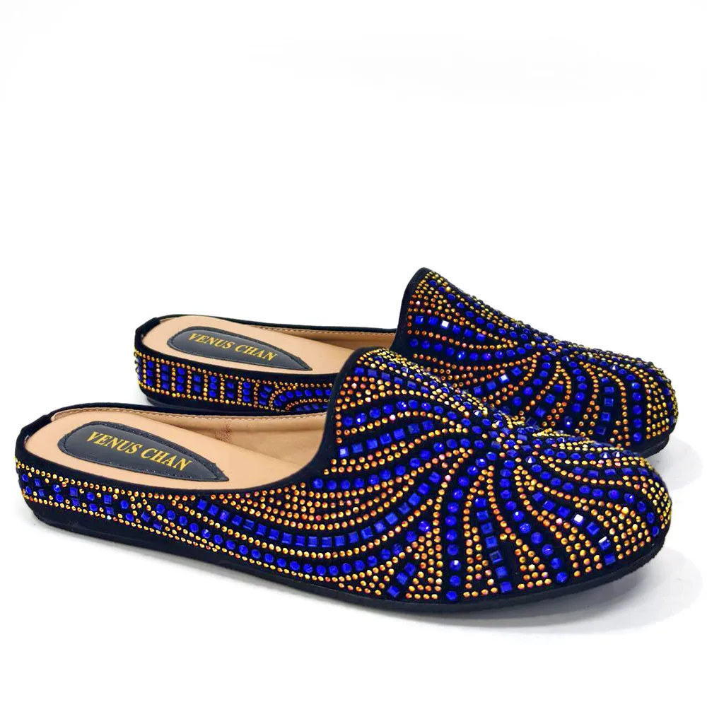 Spot Goods Elegant Flat Shoes for Woman Fashion Comfortable Party Slippers 2024 Latest Design Nigeria Blue Color Half Shoes