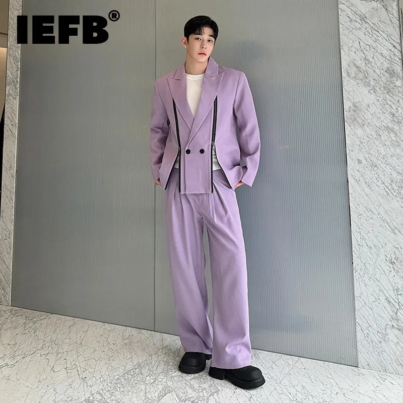 

IEFB Korean Style Men's Two-piece Suit Set Niche Double Zipper Decoration Straight Loose Pants 2024 New Stylish Male 9C7331