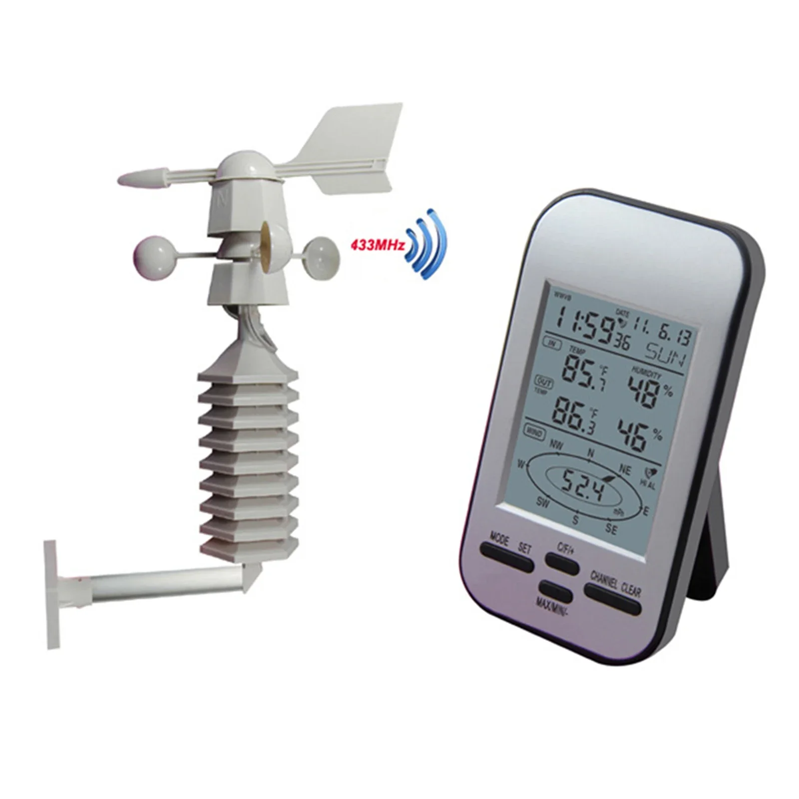 

Wireless Weather Station Clock Wind Sensor LCD Outside Wind Speed Direction Home Chill Temperature Humidity Meter
