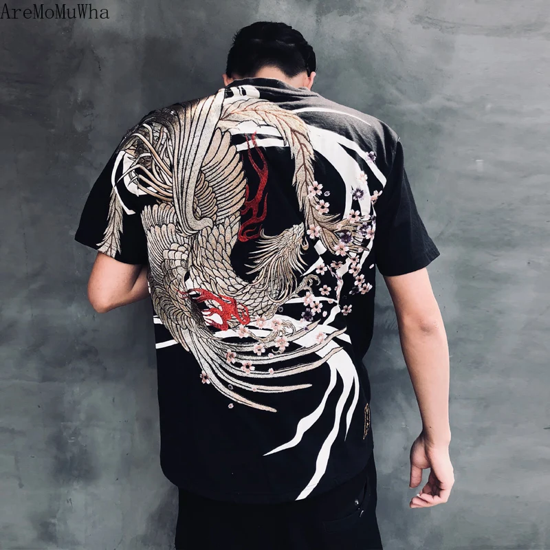 New Yokosuka Embroidery Summer Chinese Style Heavy Industry Embroidery Suzaku Cherry Blossom Men Short-sleeved T-shirt 3XL