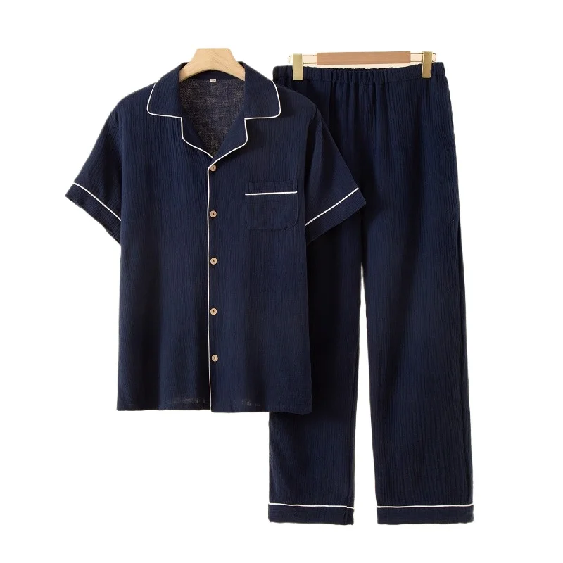 

Summer Japanese Loungewear Men's Pure Cotton Pajamas Thin Gauze Short-sleeved Cardigan Trousers Set Large Size Casual Underwear