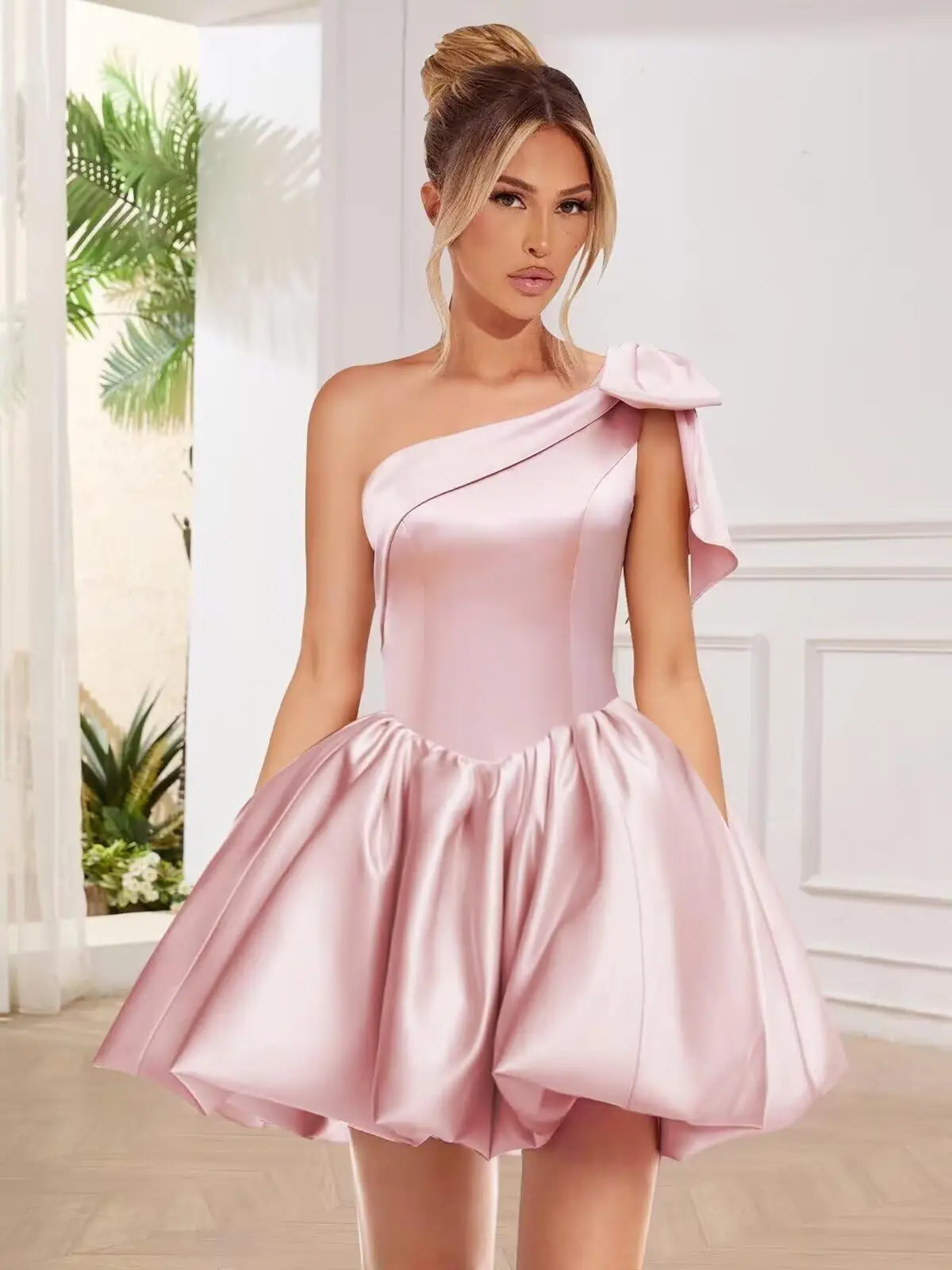 

Короткие платья для встречи выпускников на одно плечо для подростков, атласное платье трапециевидной формы для выпускного вечера с бантом, коктейльные платья для женщин