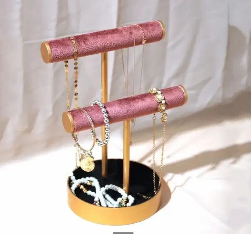 

Velvet Metal Jewelry Rack Bracelet Frame Double Row Display Stand Watch Storage Props Tray