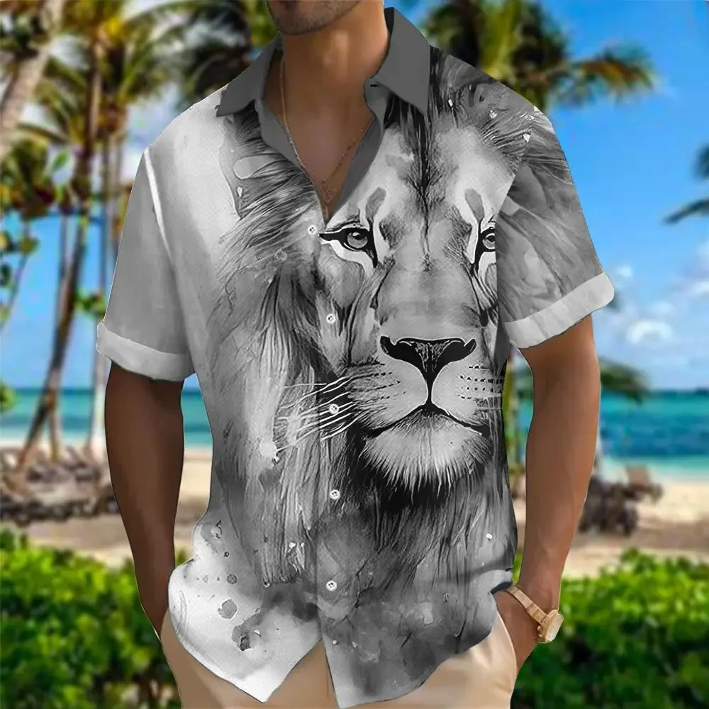 Camisa hawaiana con estampado 3D de animales para hombre y mujer, Camiseta holgada de manga corta con patrón de León, Top transpirable grande,