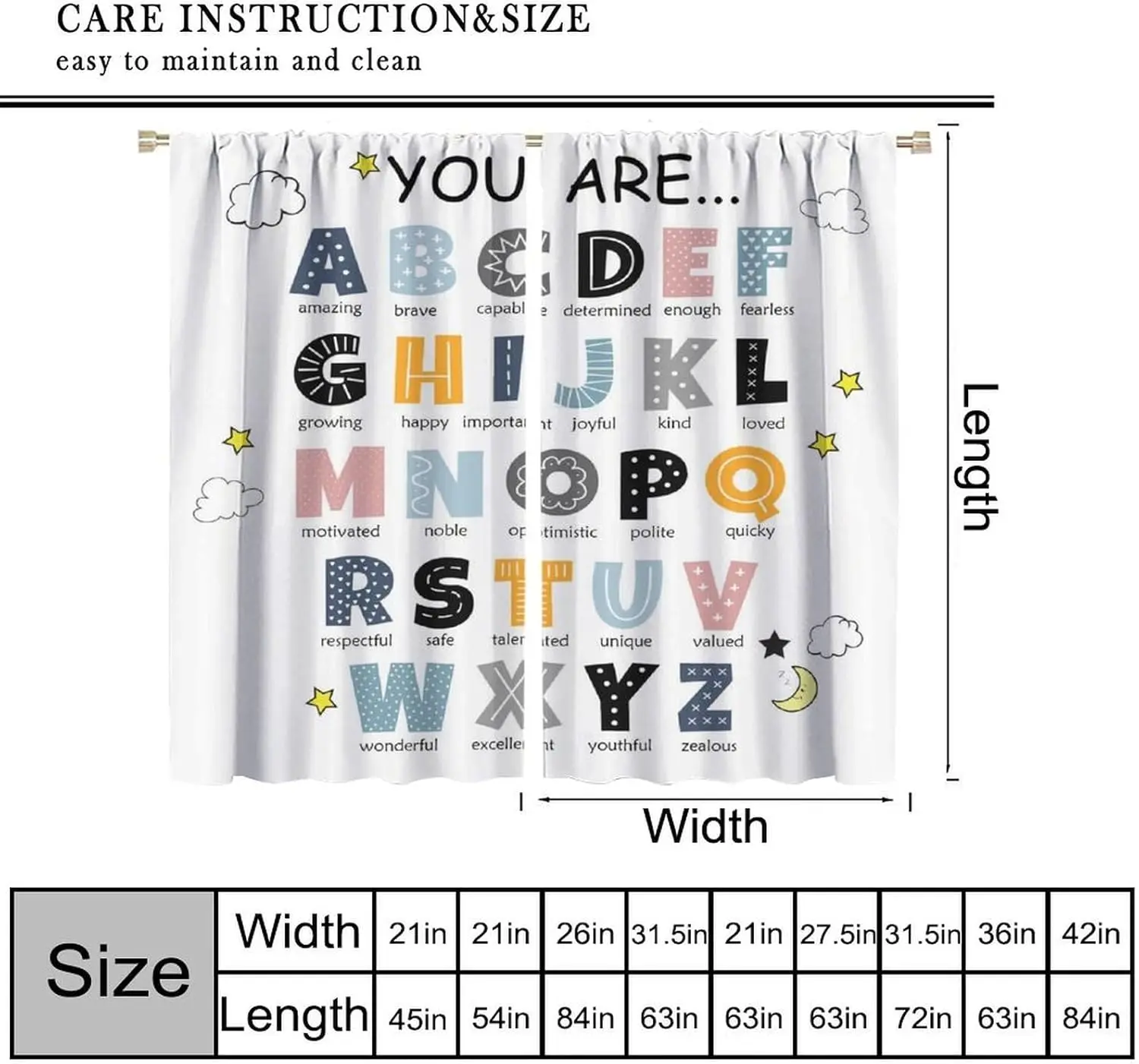 Cartoon ABC Alphabet Curtains，Watercolor Clouds StarsEducational Learning Inspirational Quotes Decor Window Curtain，for Kids