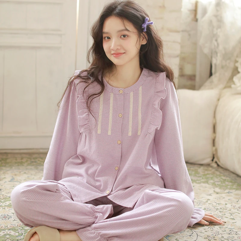 

Women's sleepwear made of 100 cotton fabric, sweet plaid brushed long sleeved home clothes for autumn and winter