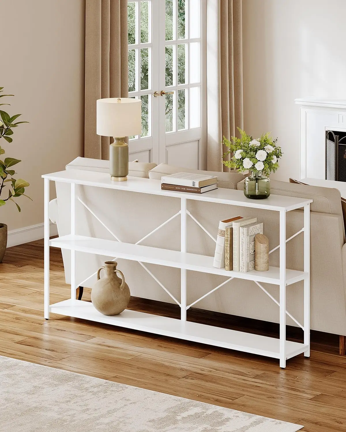 70'' Narrow Long Sofa Console Table With 3-Tier Storage Shelf For Living Room, White