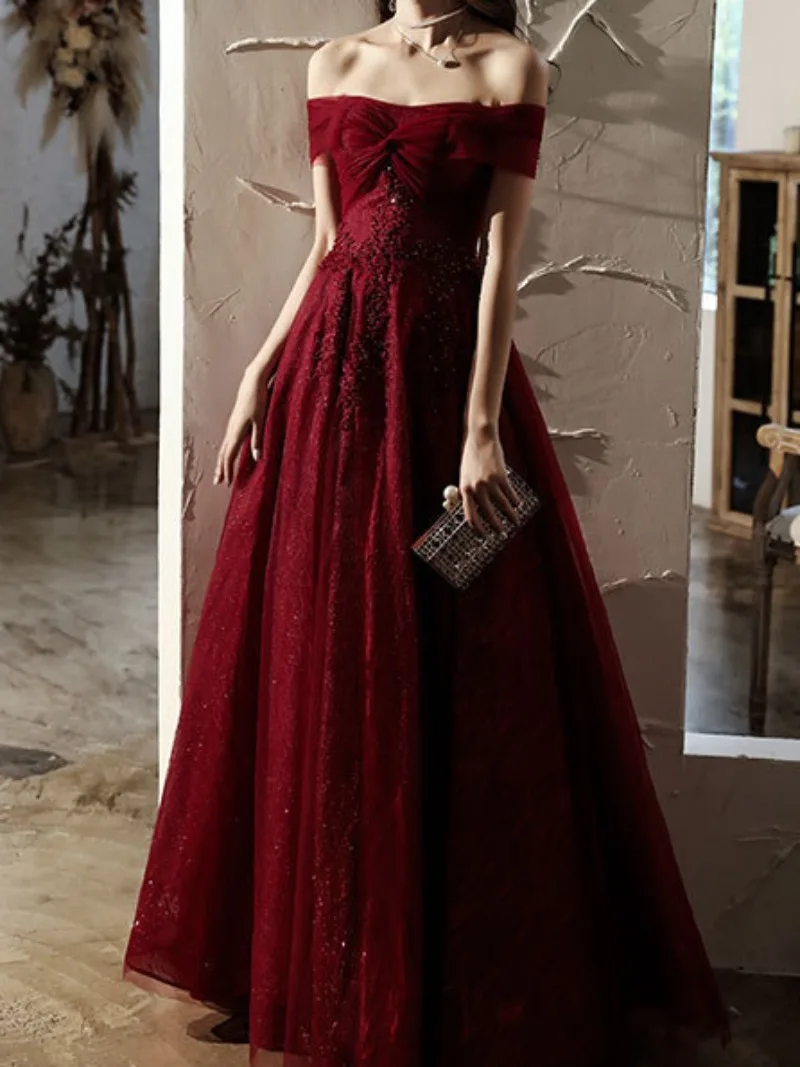 CustomizedTemperament Off Shoulder Burgundy Prom Dresses Women Appliques Shiny Long Cocktail Party Gowns Elegant Banquet Vestido