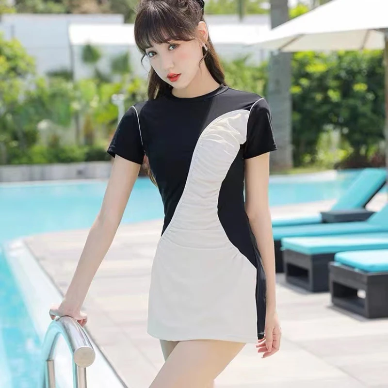 Women Swimsuit 2023 New One-piece Swimming Suit Short Sleeve Skirt Conservative Hot Spring Sports Large Solid Beach Wear