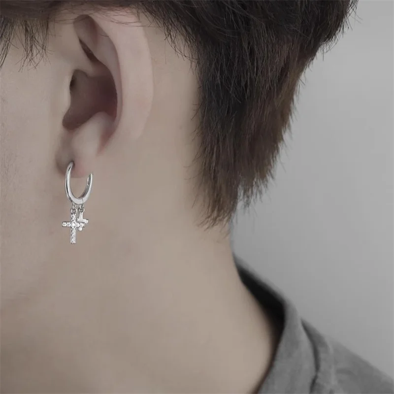 Trendy 925 Sterling Silver Earrings For Men Jewelry Classic Double Cross Drop Earrings Male Personality  Asymmetric Ear Buckle