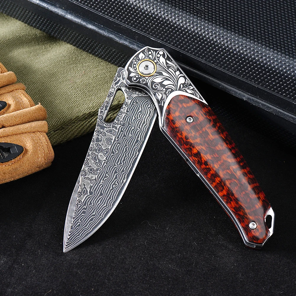 DM051 Folding Pocket Knife Damascus steel Knife Snake wood Handle Durable Camping EDC Survival Rescue Hunting Tools