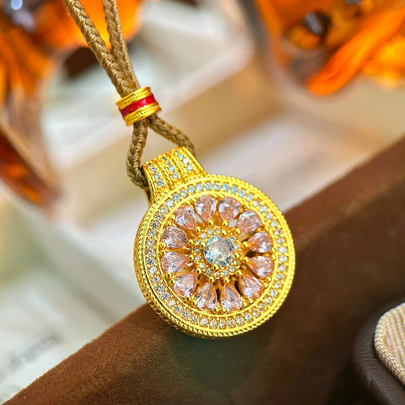 Women's Luxury 9999 24K Real Gold Full Diamond Pink Zirconium Rose Window Compass Pendant Hand Light Luxury Sweater Chain