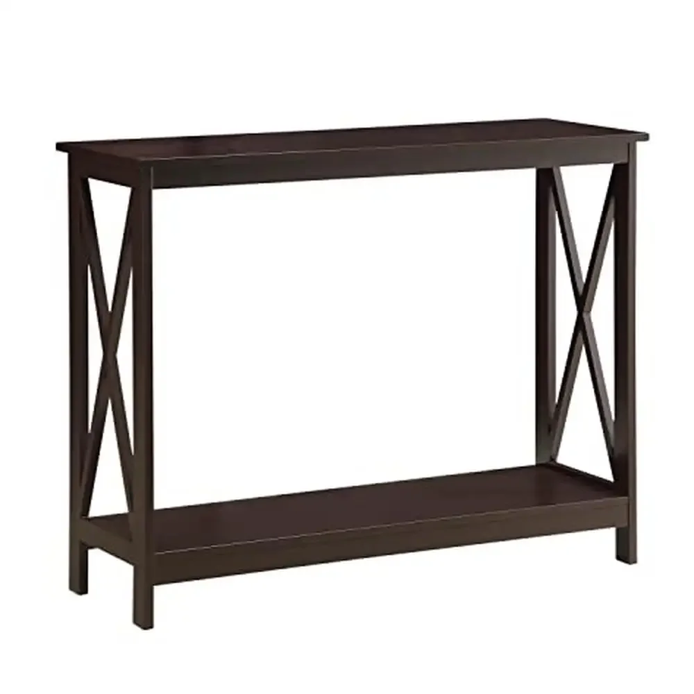 

Transitional Espresso Console Table with 2-Tier Shelves X-Shaped Side Panels Easy Assembly Eco-Friendly Wood Versatile Usage