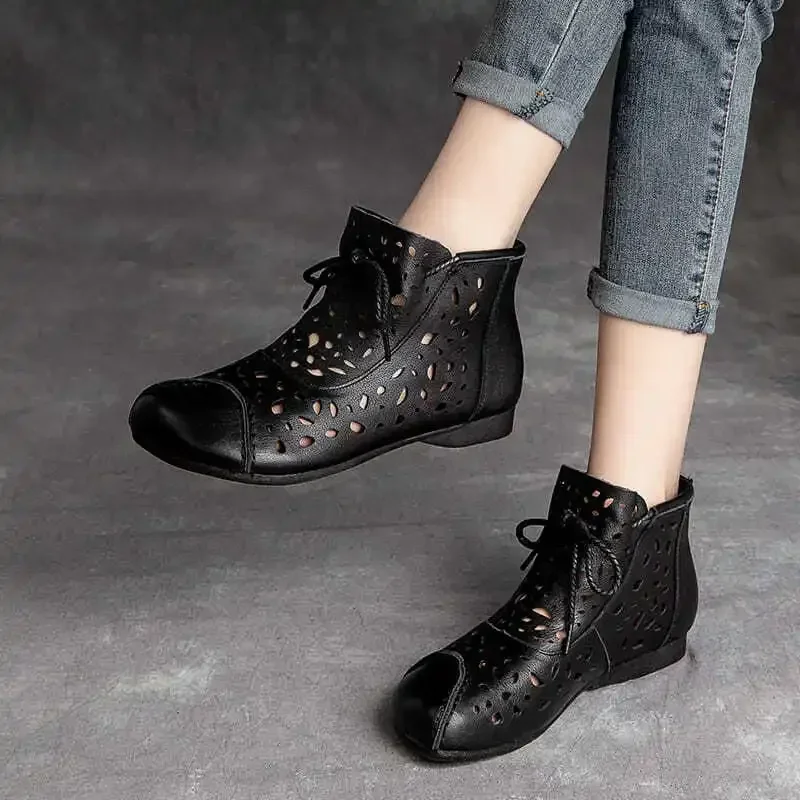 Hollow-Out Leather Boots Summer Breathable Women Sandals Retro High Top Lace Up Womens Designer Boots Black Botas De Mujer