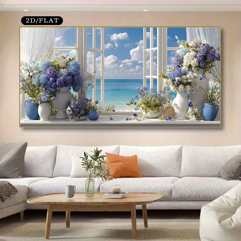 Canvas Wall Decoration Featuring a Modern Coastal Window Scene, Minimalist Ocean Landscape Print with Hydrangeas in a Blue And W