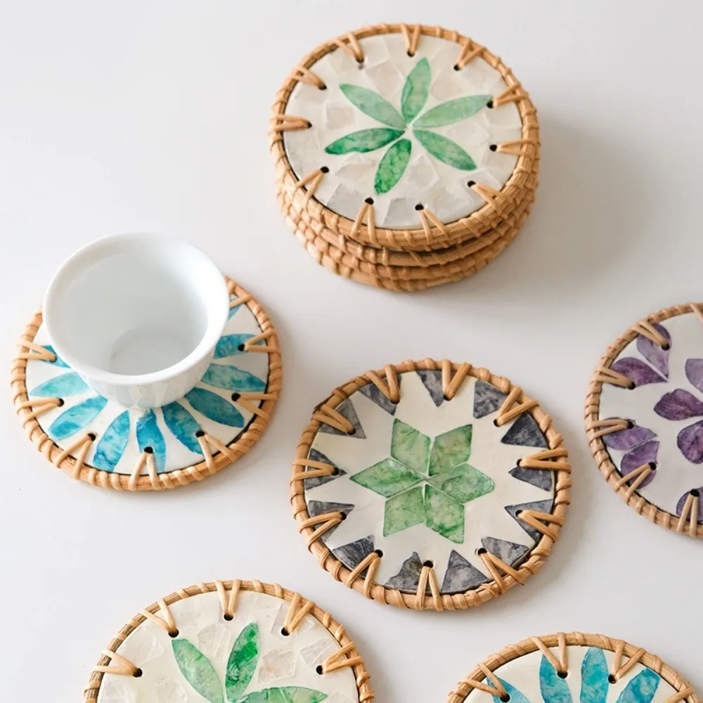 10cm Rattan Coaster Colorful Handmade Shell Cup Mat Heat Resistant Round Dining Table Protector Pad For Coffee Tea Hot Drink