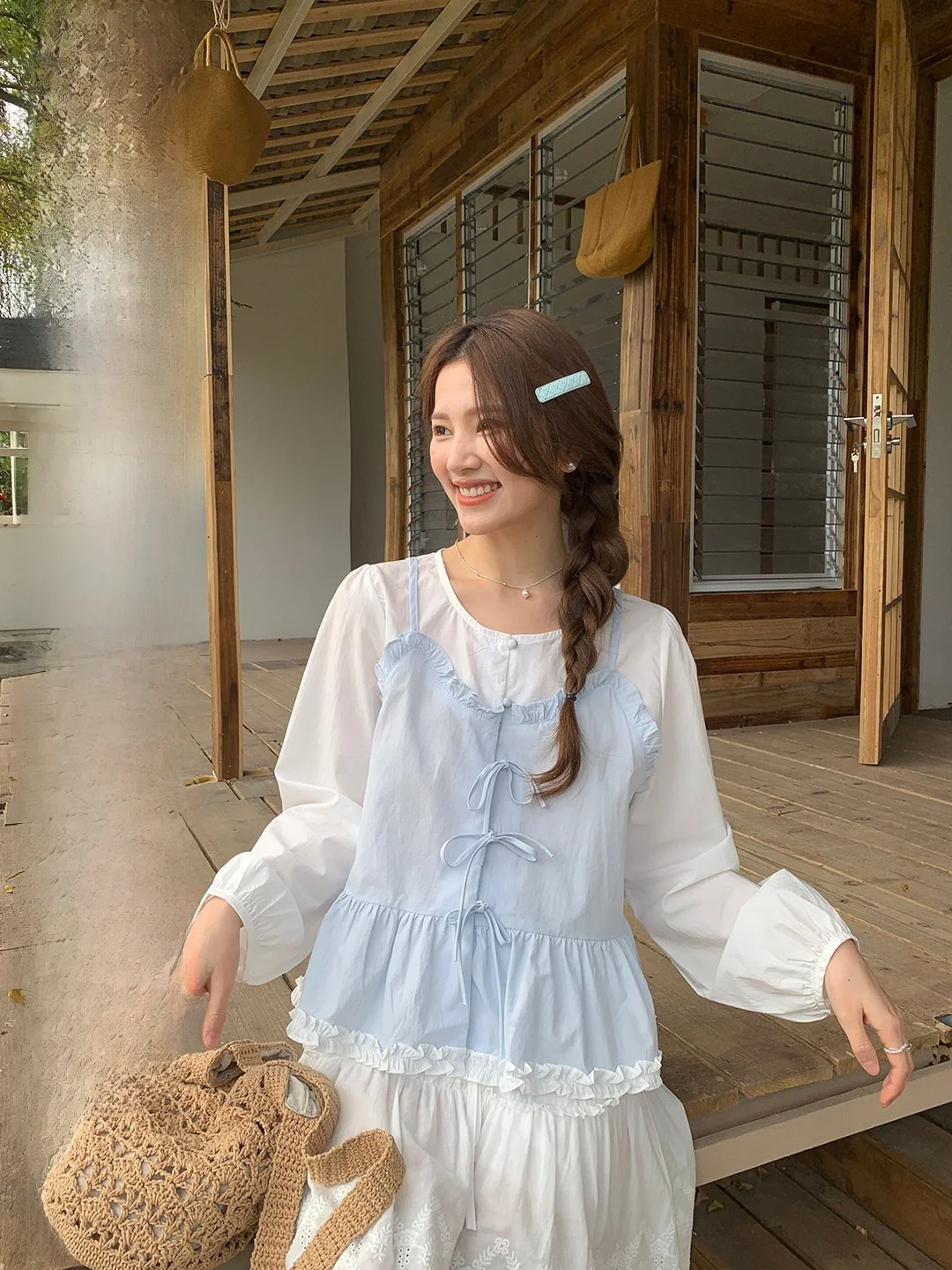 

Sweet And Gentle Long Sve irt with Belt Design Versatile Slimming Top for Girls Breathable Cotton Spandex Blend Spring D...