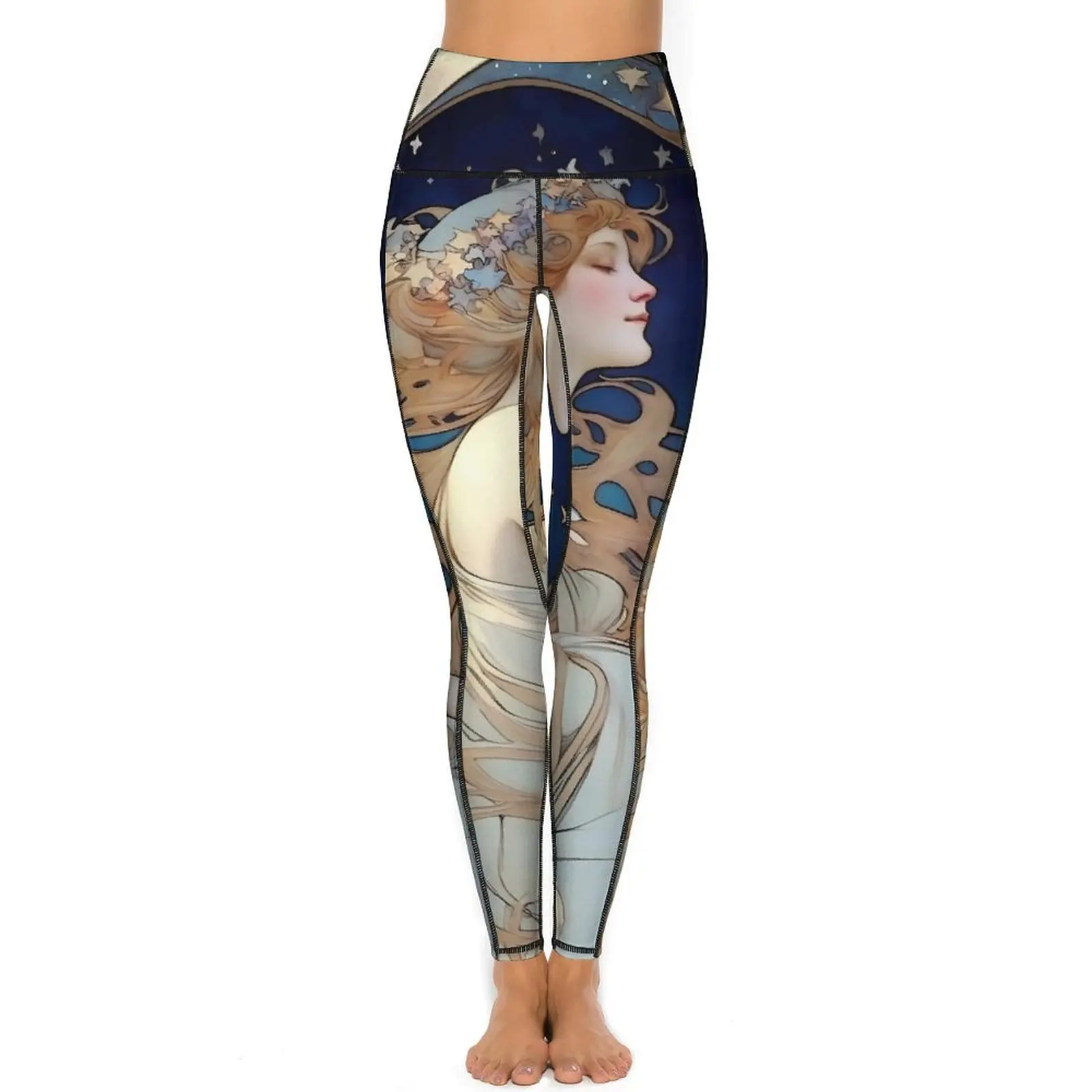 Art Nouveau Leggings Alphonse Mucha inspirierte Mond und Sterne Fitness Yoga Hose hohe Taille süße Leggins Stretch Sportstrumpfhose