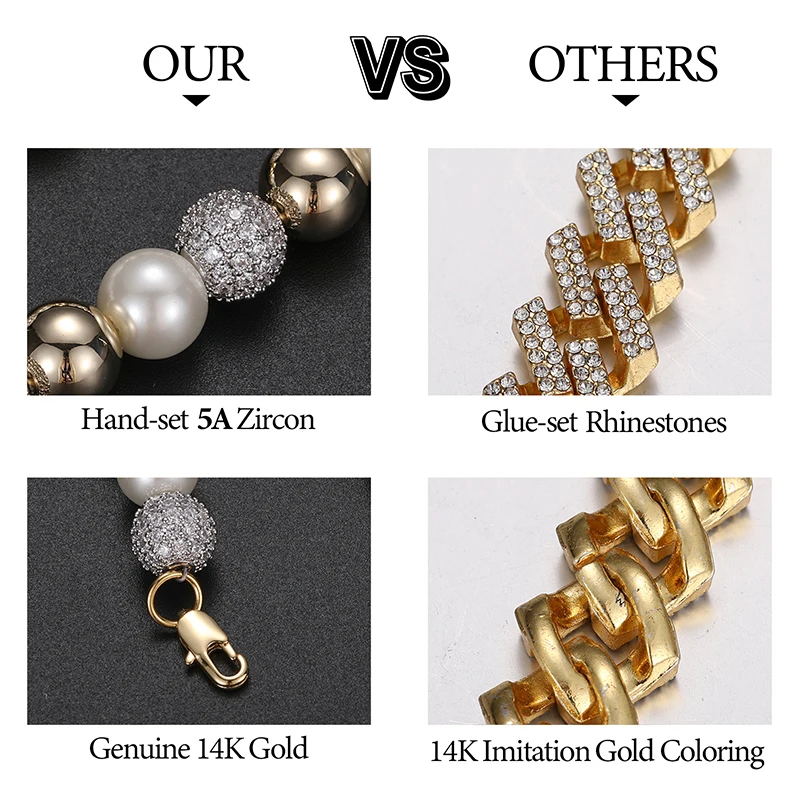 Dropshipping New Arrival Hip Hop Men Women Iced Out Gold Plated Brass Zircon 10mm Imitation Pearl Bead Chain Necklace