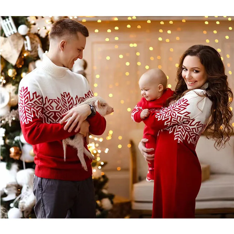 Christmas Matching Sweater Mom Snowflake Print Dress Dad Kids Fashion Jumpers Winter Warm Turtleneck Pullover Top Xmas Look