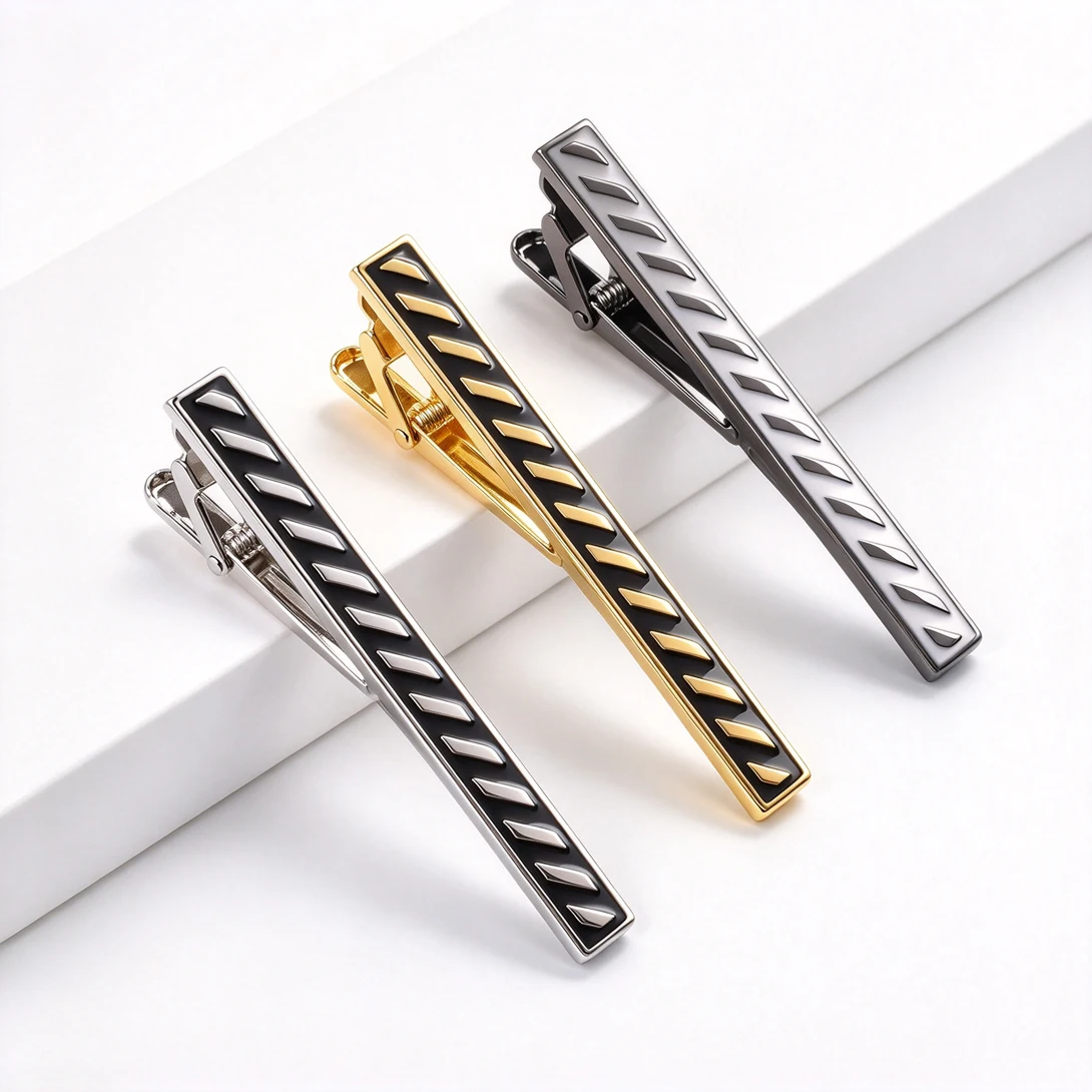 Classic Diagonal Striped Enamel Inlay Tie Clips Copper Polished Mens Formal Business Wedding Groomsmen Tie Bar Suit Jewelry Gift