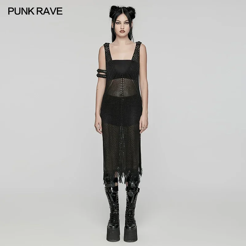 PUNK RAVE Women's Post-apocalyptic Techwear Style Faux Wool Knitted Hollow Out Dress Punk One-piece Vest Sexy Appeal Dresses