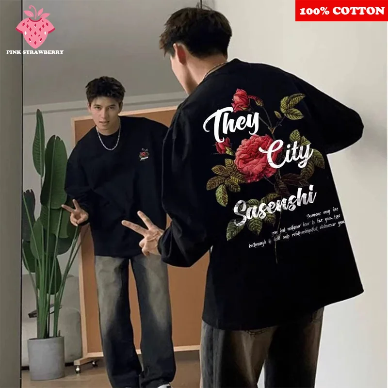 

American Letter Print T-shirt Men Autumn Winter 2025 New 100% Cotton Black Long sleeves T-shirt Loose Y2k Top Youth men clothing