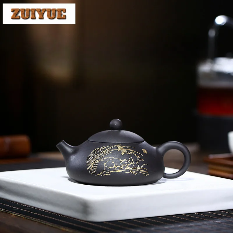 240ml Elegant Yixing Purple Clay Teapot Handmade Dongpo Stone Scoop Pot Raw Ore Black Gold Mud Kettle With Infuser Zisha Tea Set