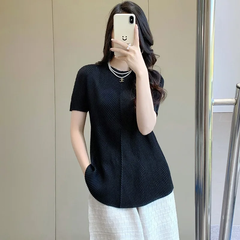 Miyake Pleated T-Shirt 2026 Summer New Short Sleeve Non-Iron Casual Top Stretch Plus Size Commuting Minimalist Women's Clothing view 5