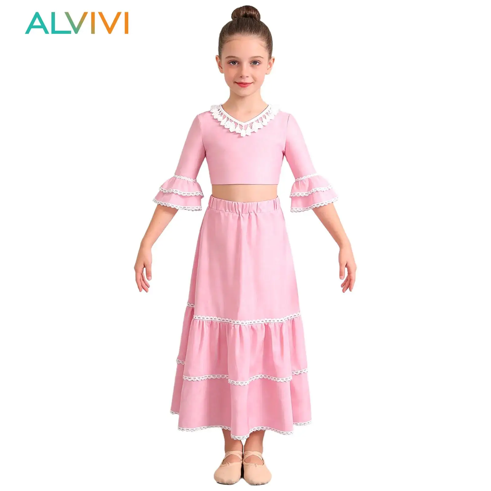 Traje de Baile Flamenco Español con Borlas para Niñas, Disfraz de Coro Gitano, Top Corto con Cuello en V y Volantes, con Falda de Satén en Capas