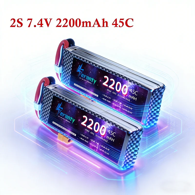 Teranty 2S 7.4 V 2200mAh 45C RC Lipo Battery T Plug Soft Case Short Pack for 1:16 RC Car Helicopter Airplane