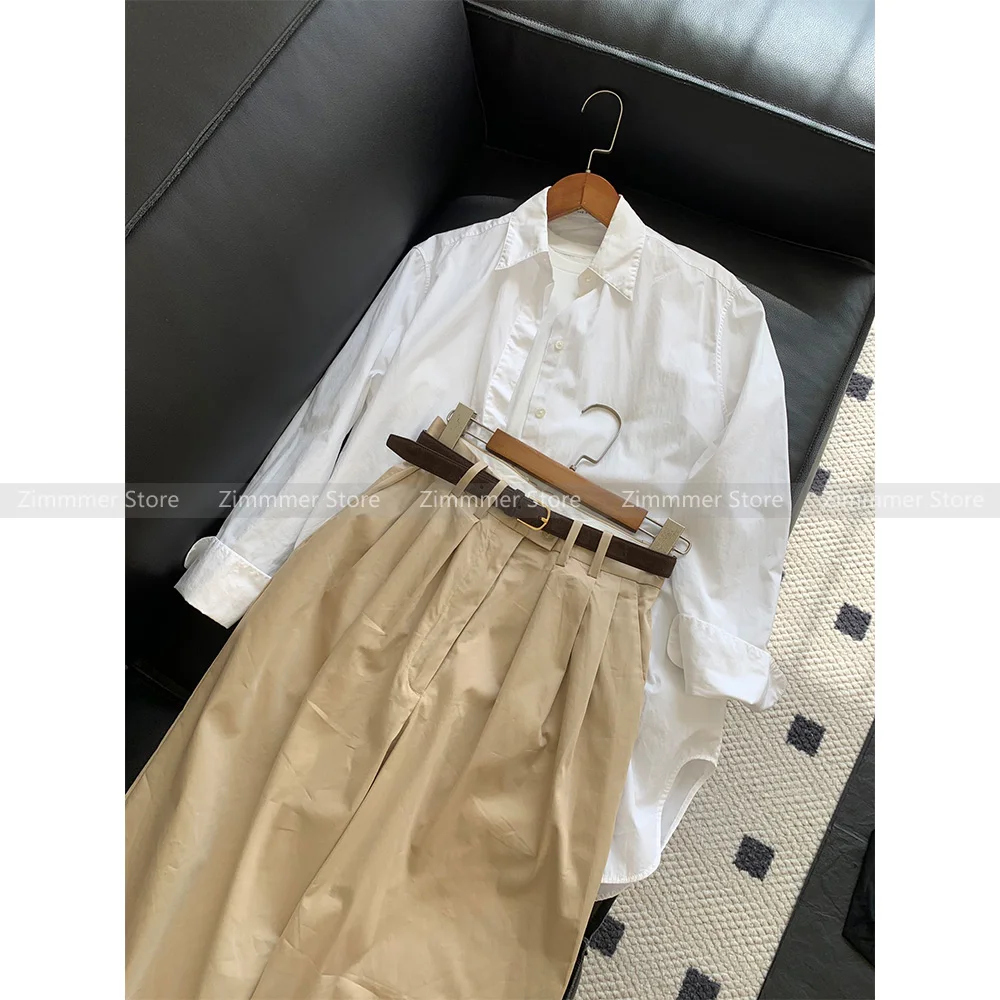 New niche design solid colour loose silhouette casual long-sleeved shirt top + high waisted casual wide leg trousers set