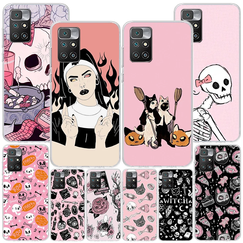 Pink Cat Skull Sorceress Witch Phone Case For Xiaomi Redmi 12 12C 10 10C 10A 9 9A 9C 9T 8 8A 7 7A 6 Pro 6A K70 K60 K40 K20 S2 Pr