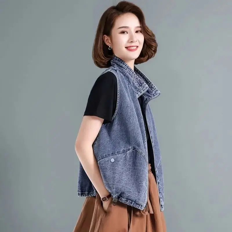 

Loose Oversized Zipper Denim Vest Short Jacket For Women 2025 New Autumn Sleeveless Waistcoat G1138