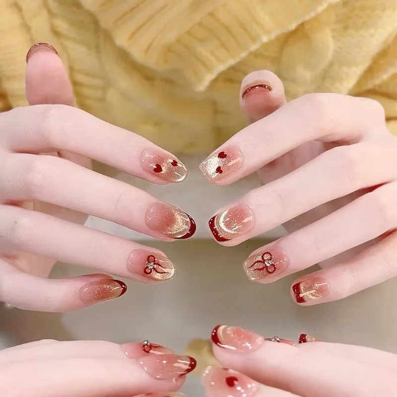 

30Pcs Fake Nails Red Heart French Cat-Eye and Heart-Shaped Bow Designs Press-On Nails Perfect As Gifts for Girls and Friends