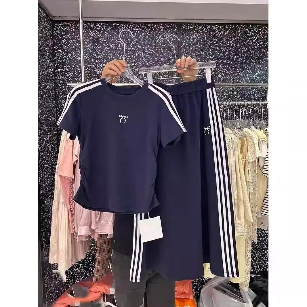

Oversized summer bow embroidery set women's short sleeve T-shirt + high Fanny pack hip skirt two-piece set