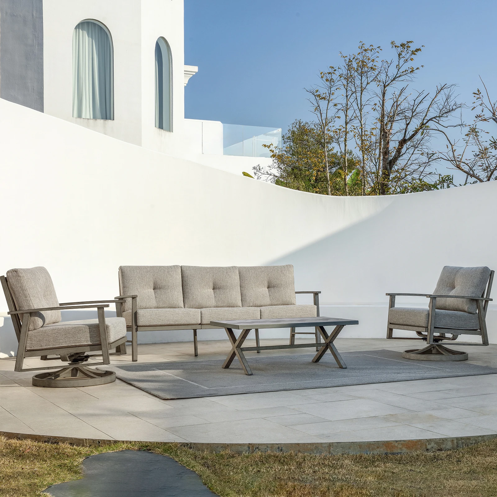 

SeeHill Outdoor Patio Furniture Set, 4 Pieces Aluminum Swivel Chairs Patio Conversation Couch Sofa Set for Deck, Lawn, Limed Oak