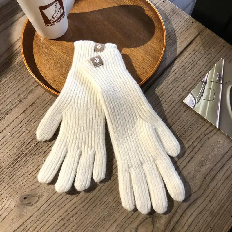 Guantes de punto de invierno para mujer, guantes cálidos de felpa suave para montar, guantes de Color sólido, guantes esponjosos con pantalla táctil