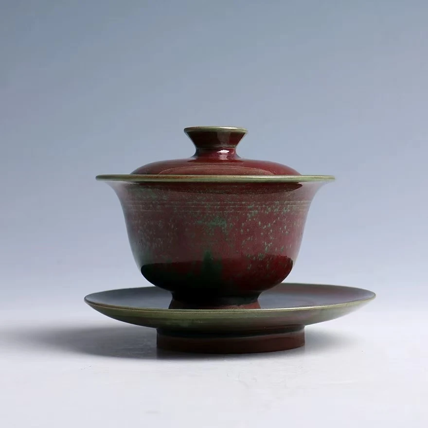 

Jun Kiln Carbon-Burned Ancient Rugged Peacock Feather Three-In-One Cover Bowl Natural Raw Material Handmade Tureeen Wen Chaoyang