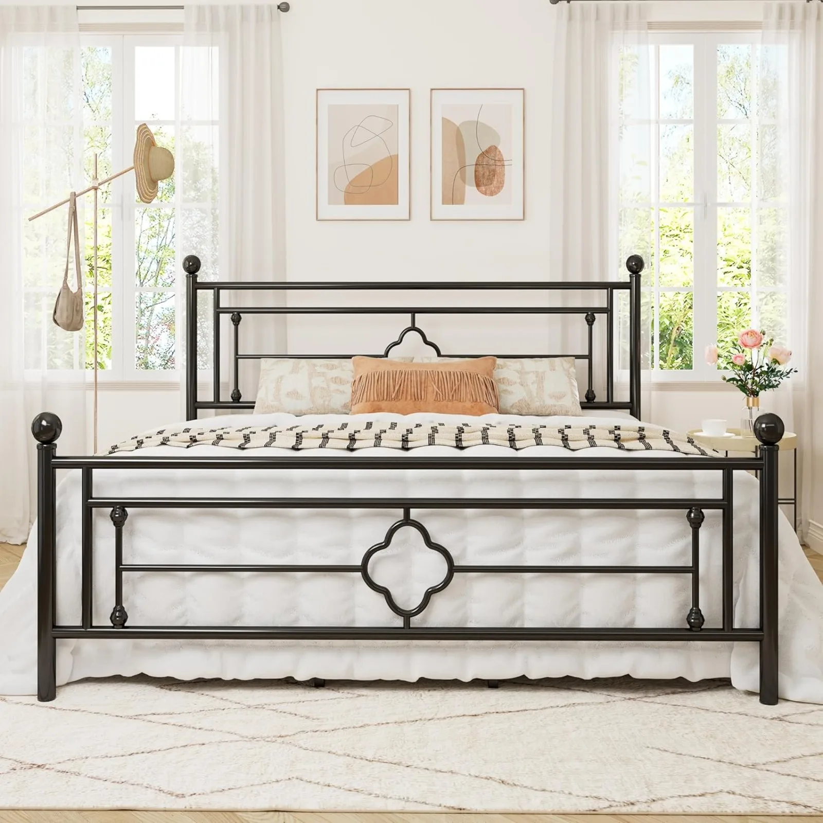 US King Size Metal Platform Bed Frame with Victorian Vintage Headboard and Footboard/Mattress Foundation/Under Bed Storage/No Bo