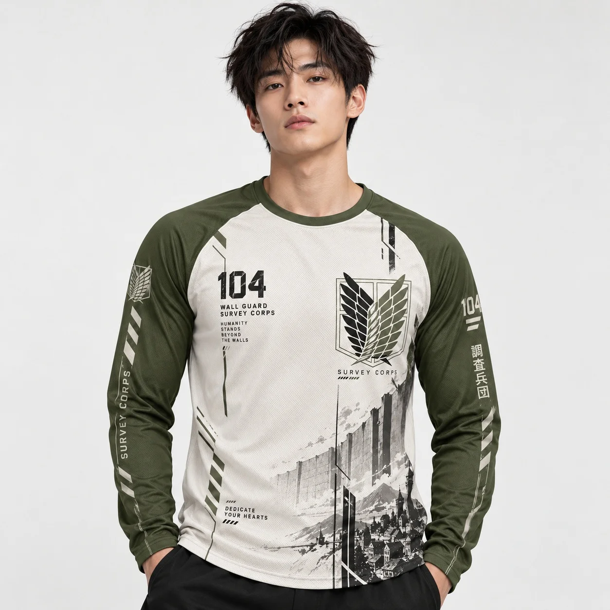 Attack on Titan Mens Long Sleeve Shirt Survey Corps Anime Graphic Green White Raglan Sports Jersey Casual Streetwear