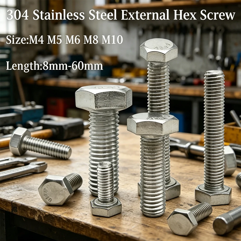 

1-25pcs M4-M12 304 Stainless Hex Head Screws A2-70 Outer Threaded Bolts 8-60mm Anti-Corrosion Hardware Kit for DIY Projects