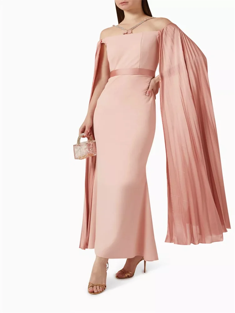 Hot Selling Off-Shoulder Neckline Cape Sleeves Satin Evening Dress Elegant Back Zipper Belted Waist Ankle Length Gown For Women