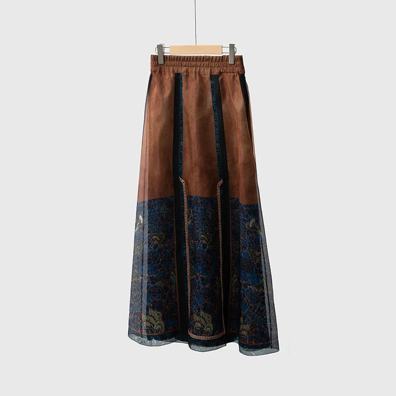 High Quality inside and outside Silk New Chinese Style National Printed Horse-Face Skirt Long Summer