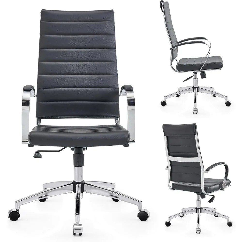 

High Back Office Chair with Armrest, Black Adjustable Swivel Chair in Durable Vegan Leather, Ergonomic Desk Chair for Extra Back