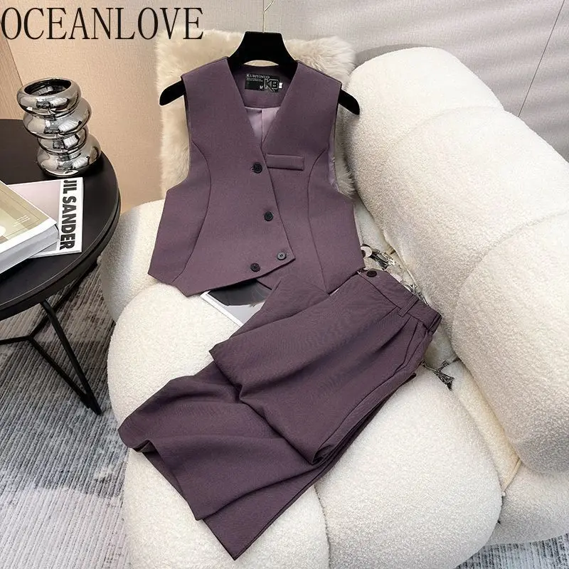 

OCEANLOVE жилеты и брюки, корейские модные однотонные весенне-летние комплекты из двух предметов, женская одежда Conjuntos Feminino