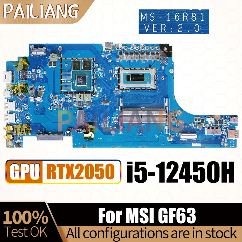 For MSI GF63 Notebook Mainboard MS-16R81 SRMAQ i5-12450H RTX2050 GN20-S7-B-MP-KB-A1 Laptop Motherboard Full Test