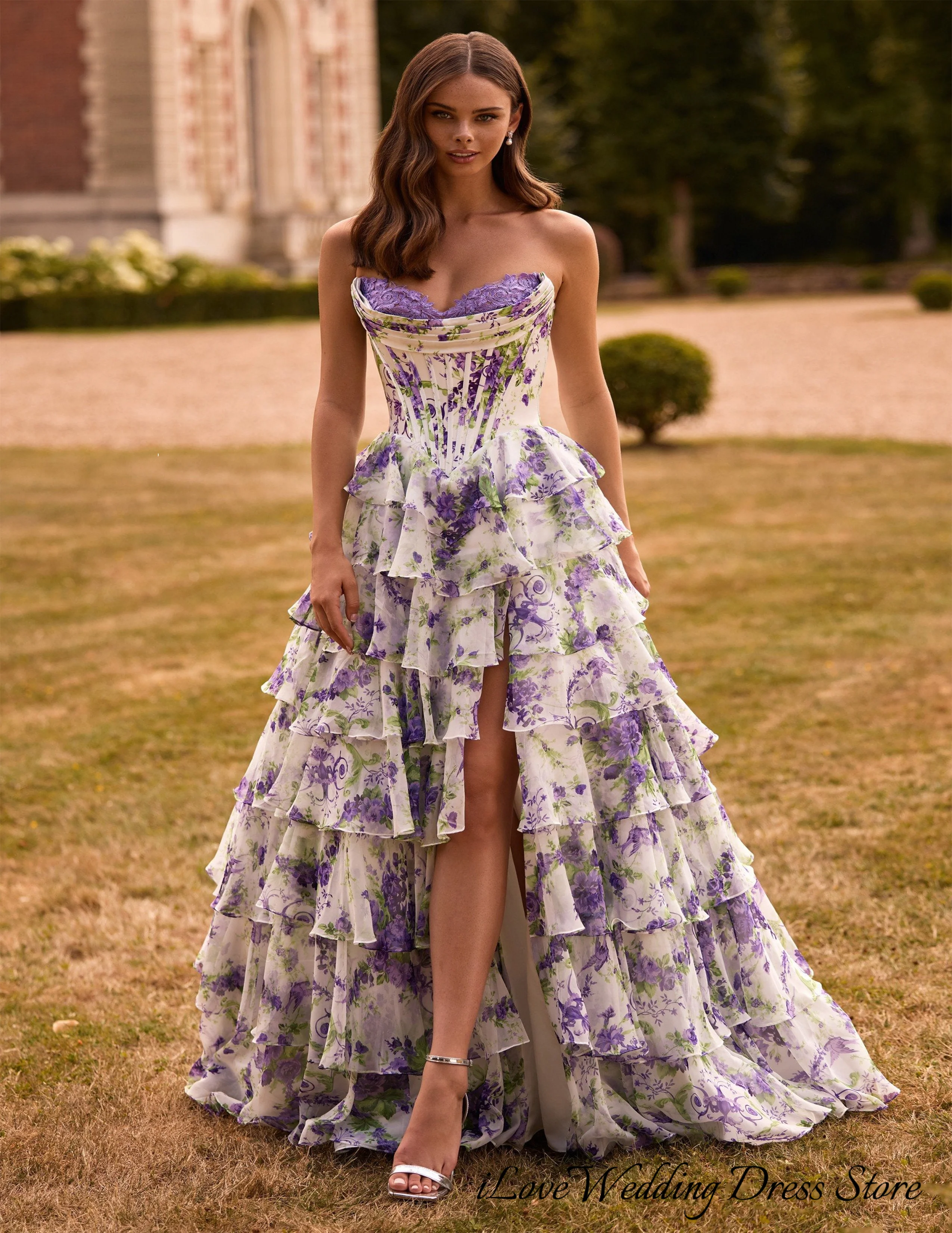 Customized Strapless Sweetheart Ball Gown White Purple Floral Corset Tiered Ruffles High Slit for Prom Gala Formal Events